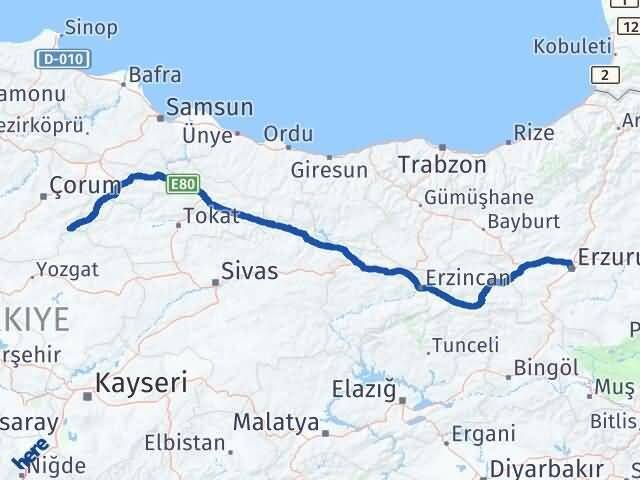Çorum Ortaköy Erzurum Arası Kaç Km - Yol Haritası