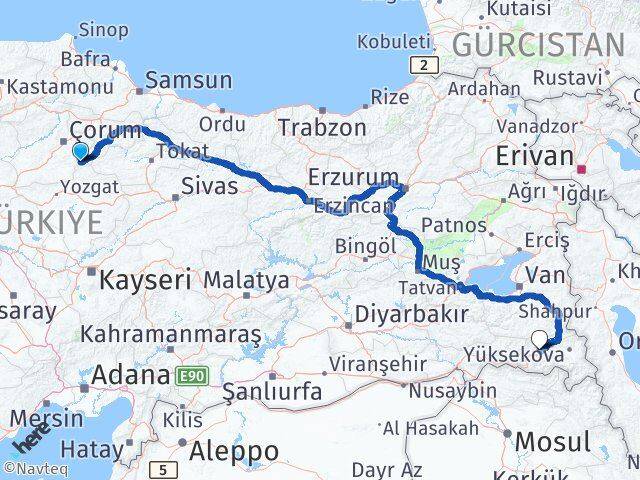 Çorum Ortaköy Hakkari Arası Kaç Km - Yol Haritası