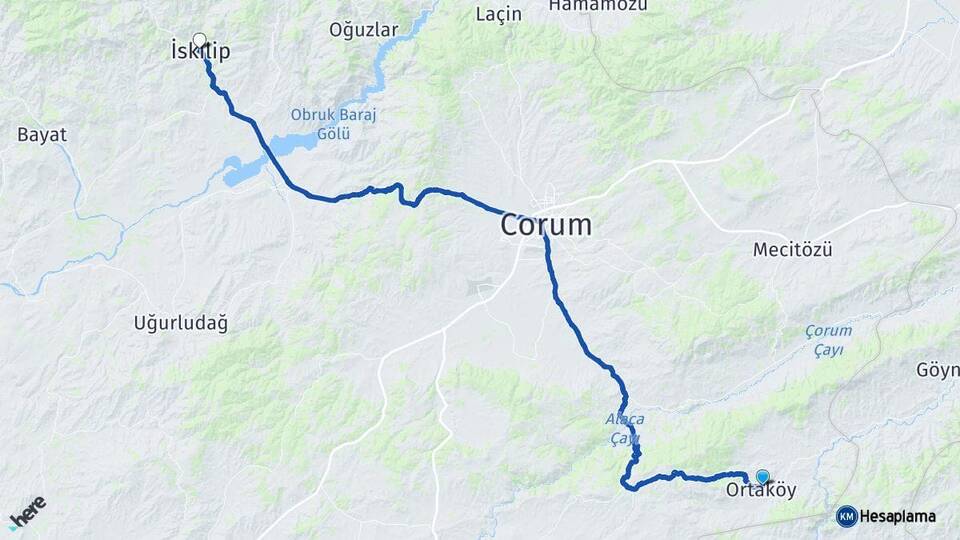 Çorum Ortaköy İskilip Arası Kaç Km - Yol Haritası