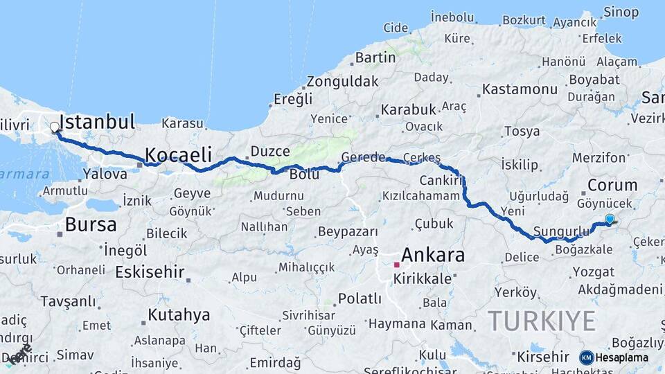 Çorum Ortaköy İstanbul Arası Kaç Km - Yol Haritası
