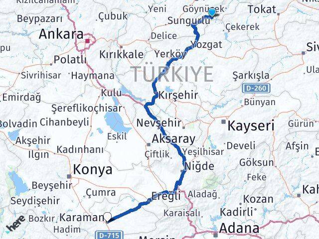 Çorum Ortaköy Karaman Arası Kaç Km - Yol Haritası