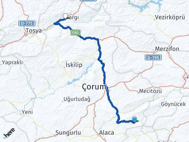 Çorum Ortaköy Kargı Arası Kaç Km - Yol Haritası