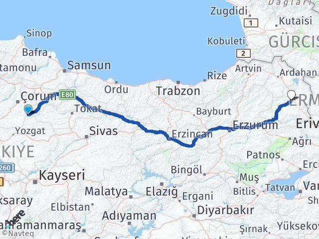 Çorum Ortaköy Kars Arası Kaç Km - Yol Haritası
