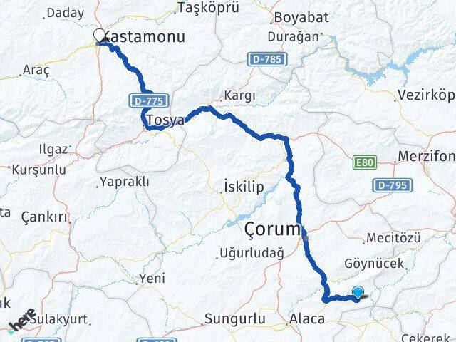 Çorum Ortaköy Kastamonu Arası Kaç Km - Yol Haritası