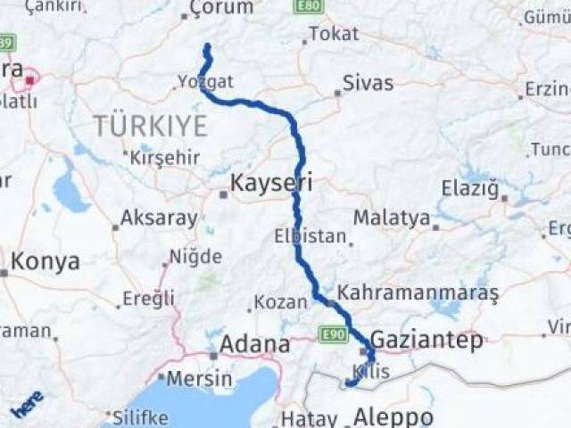 Çorum Ortaköy Kilis Arası Kaç Km - Yol Haritası