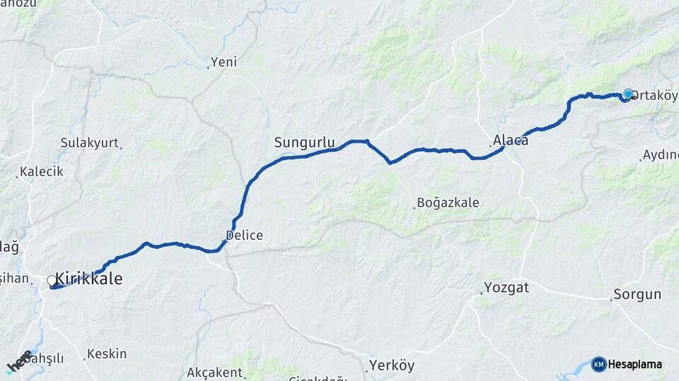 Çorum Ortaköy Kırıkkale Arası Kaç Km - Yol Haritası