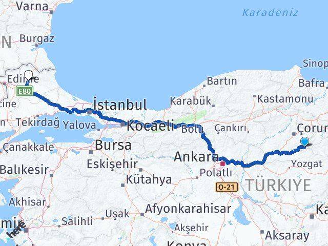 Çorum Ortaköy Kırklareli Arası Kaç Km - Yol Haritası