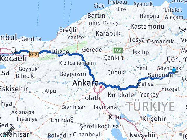 Çorum Ortaköy Kocaeli Arası Kaç Km - Yol Haritası