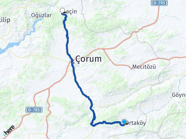 Çorum Ortaköy Laçin Arası Kaç Km - Yol Haritası