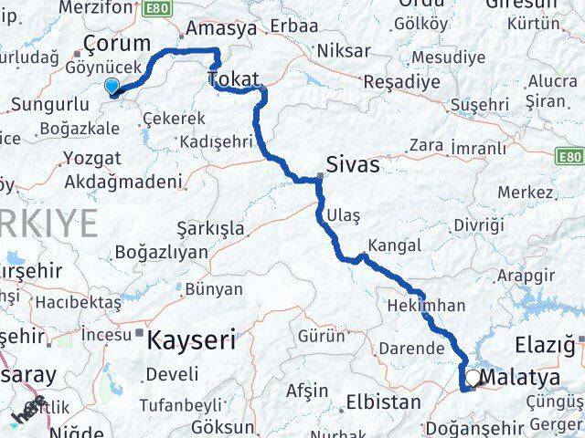 Çorum Ortaköy Malatya Arası Kaç Km - Yol Haritası