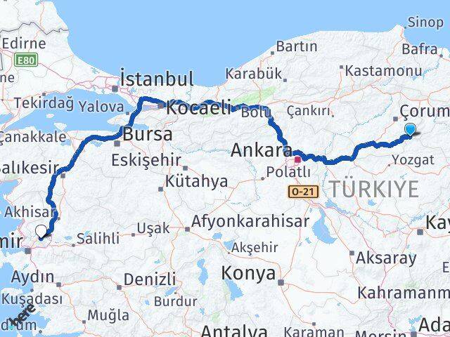 Çorum Ortaköy Manisa Arası Kaç Km - Yol Haritası