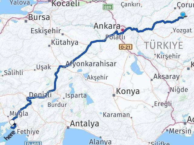 Çorum Ortaköy Muğla Arası Kaç Km - Yol Haritası