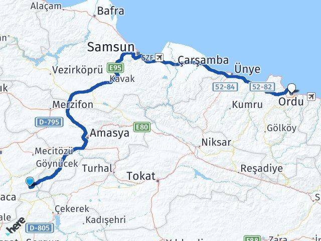 Çorum Ortaköy Ordu Arası Kaç Km - Yol Haritası