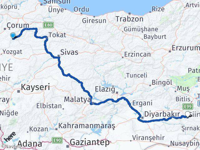 Çorum Ortaköy Siirt Arası Kaç Km - Yol Haritası