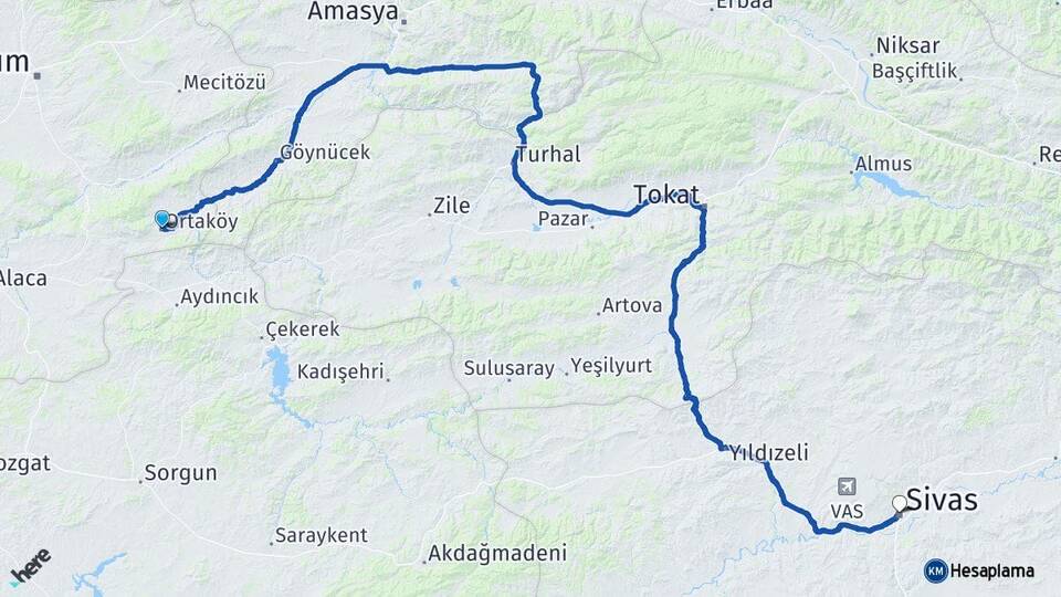 Çorum Ortaköy Sivas Arası Kaç Km - Yol Haritası