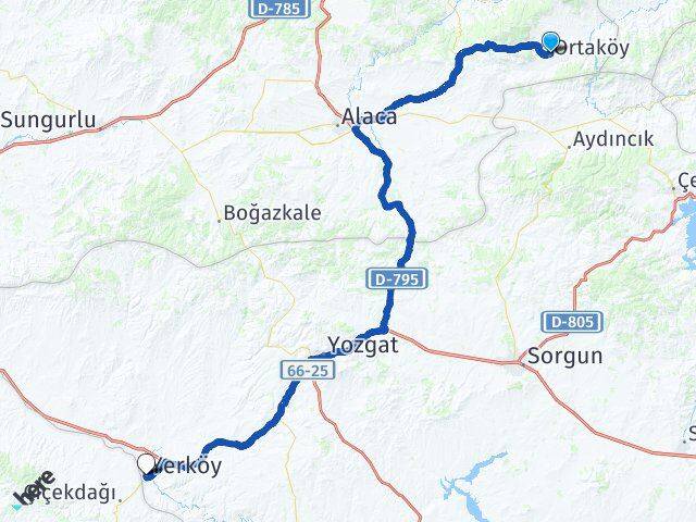 Çorum Ortaköy Yerköy Yozgat Arası Kaç Km - Yol Haritası
