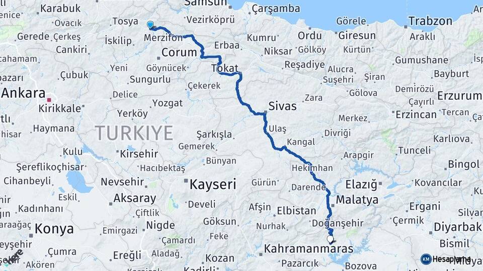 Çorum Osmancık Adıyaman Arası Kaç Km - Yol Haritası