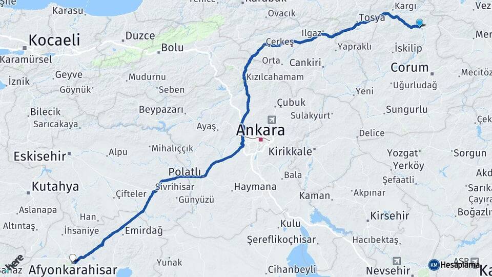 Çorum Osmancık Afyonkarahisar Arası Kaç Km - Yol Haritası