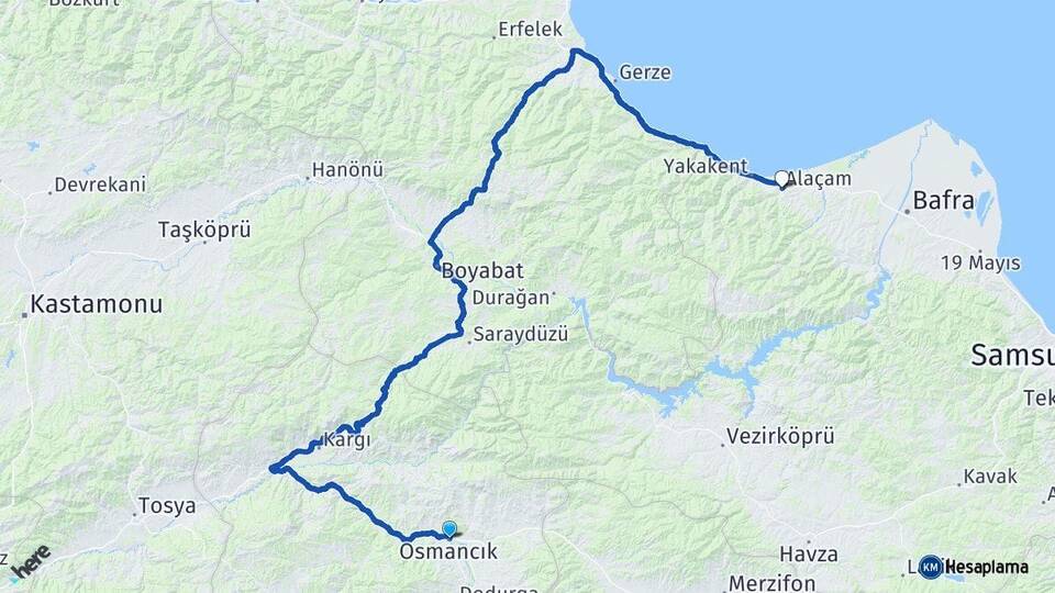 Çorum Osmancık Alaçam Samsun Arası Kaç Km - Yol Haritası