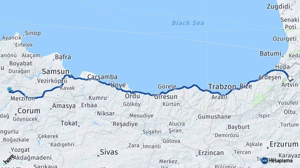 Çorum Osmancık Artvin Arası Kaç Km - Yol Haritası