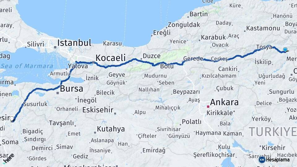 Çorum Osmancık Balıkesir Arası Kaç Km - Yol Haritası
