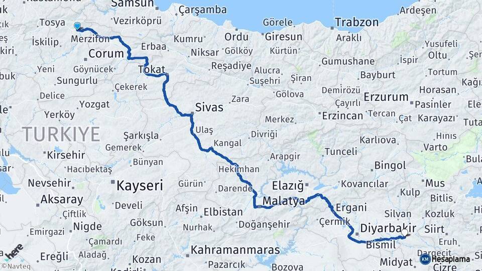 Çorum Osmancık Batman Arası Kaç Km - Yol Haritası