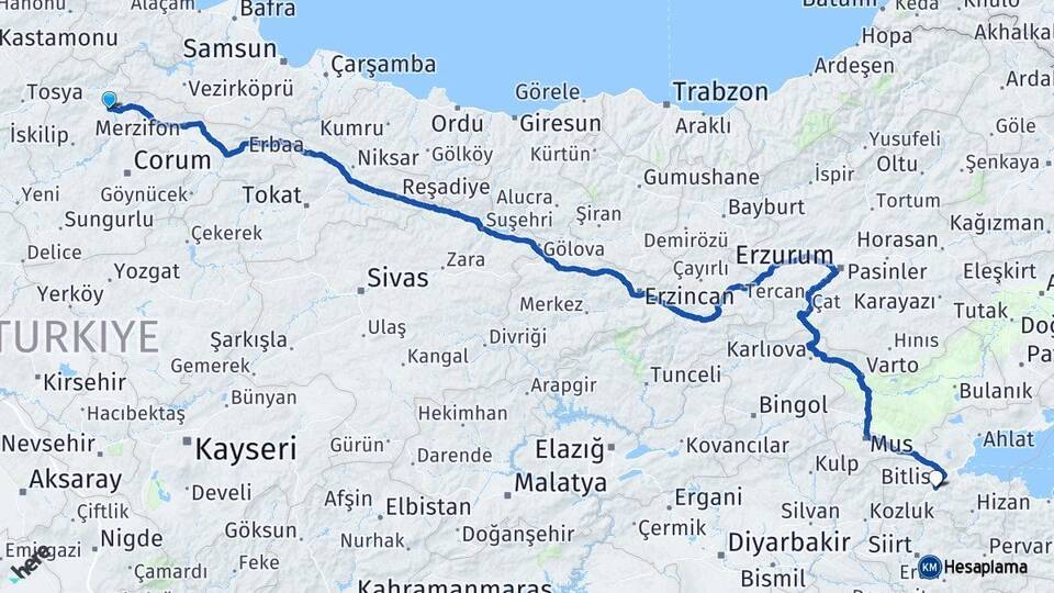 Çorum Osmancık Bitlis Arası Kaç Km - Yol Haritası