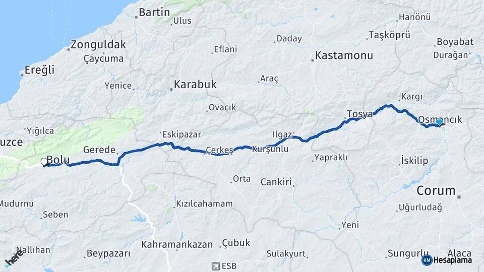Çorum Osmancık Bolu Arası Kaç Km - Yol Haritası