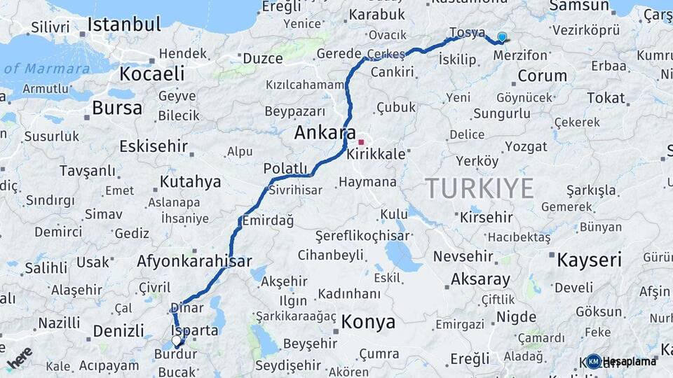 Çorum Osmancık Burdur Arası Kaç Km - Yol Haritası