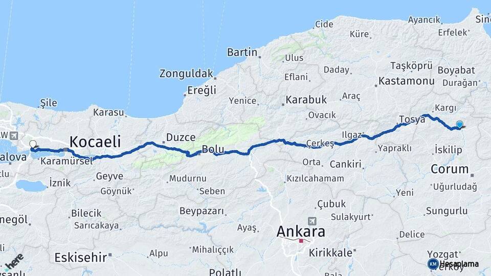 Çorum Osmancık Dilovası Kocaeli Arası Kaç Km - Yol Haritası