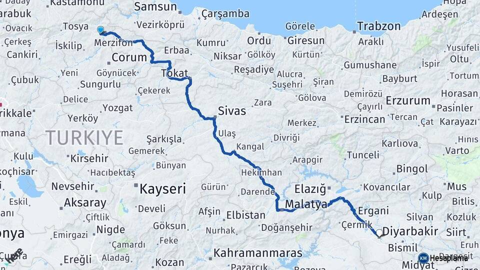 Çorum Osmancık Diyarbakır Arası Kaç Km - Yol Haritası