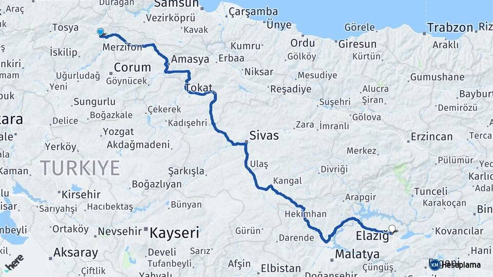 Çorum Osmancık Elazığ Arası Kaç Km - Yol Haritası