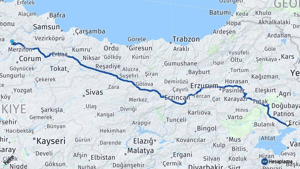 Çorum Osmancık Erciş Van Arası Kaç Km - Yol Haritası