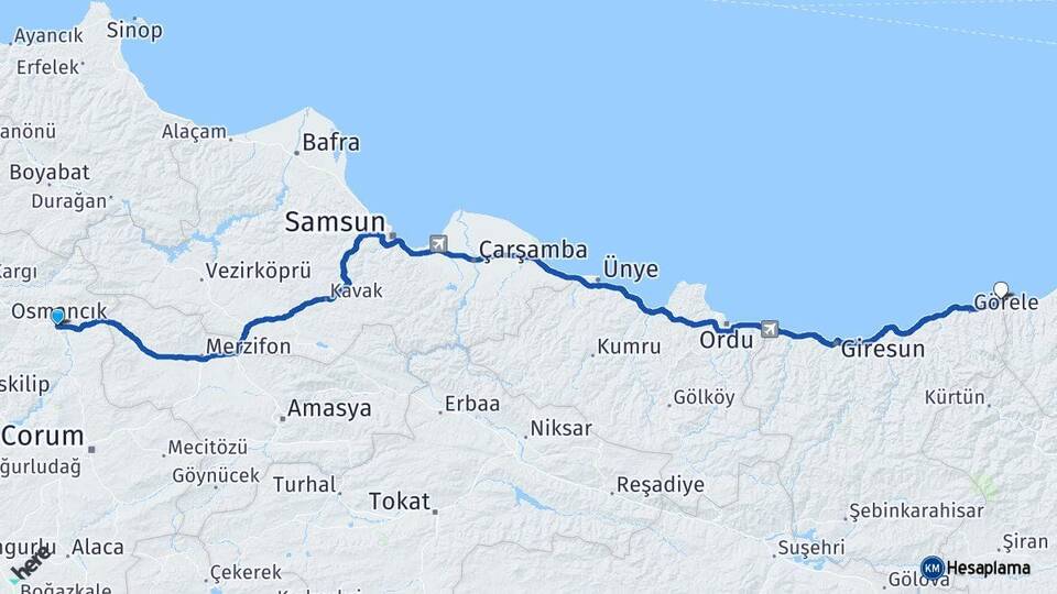 Çorum Osmancık Eynesil Giresun Arası Kaç Km - Yol Haritası