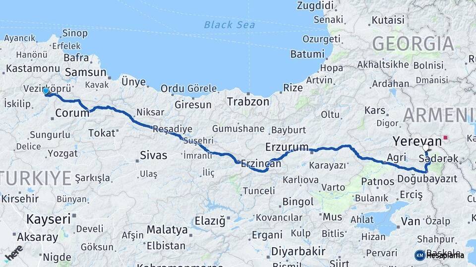 Çorum Osmancık Iğdır Arası Kaç Km - Yol Haritası