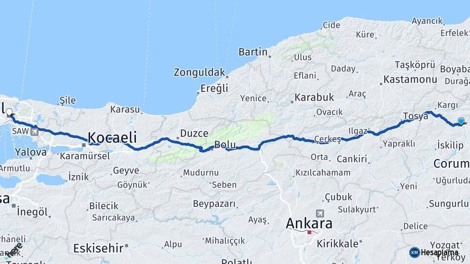 Çorum Osmancık İstanbul Arası Kaç Km - Yol Haritası