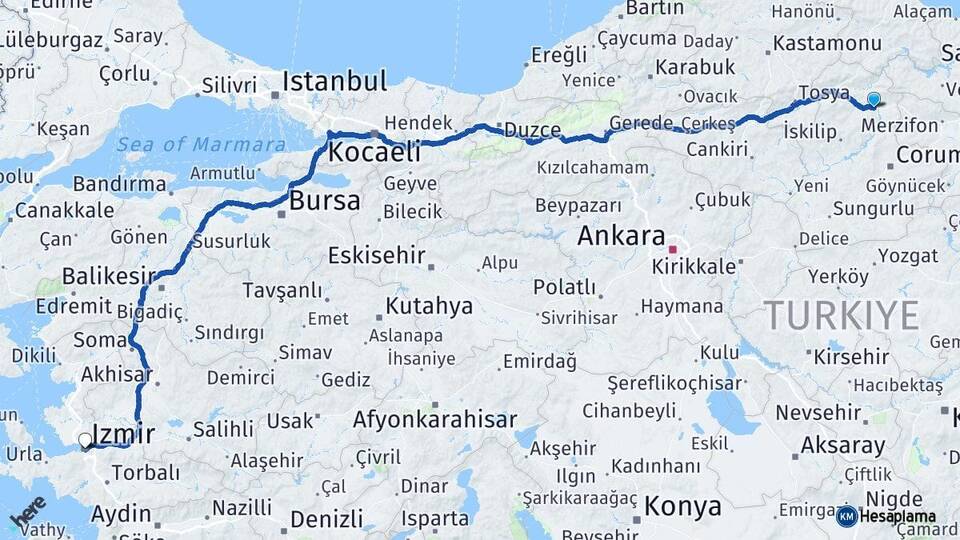 Çorum Osmancık İzmir Arası Kaç Km - Yol Haritası