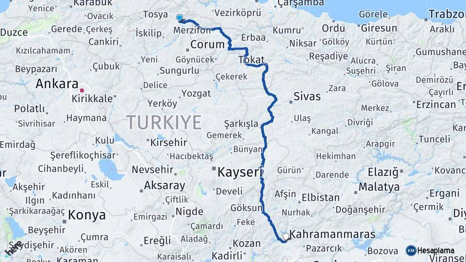 Çorum Osmancık Kahramanmaraş Arası Kaç Km - Yol Haritası