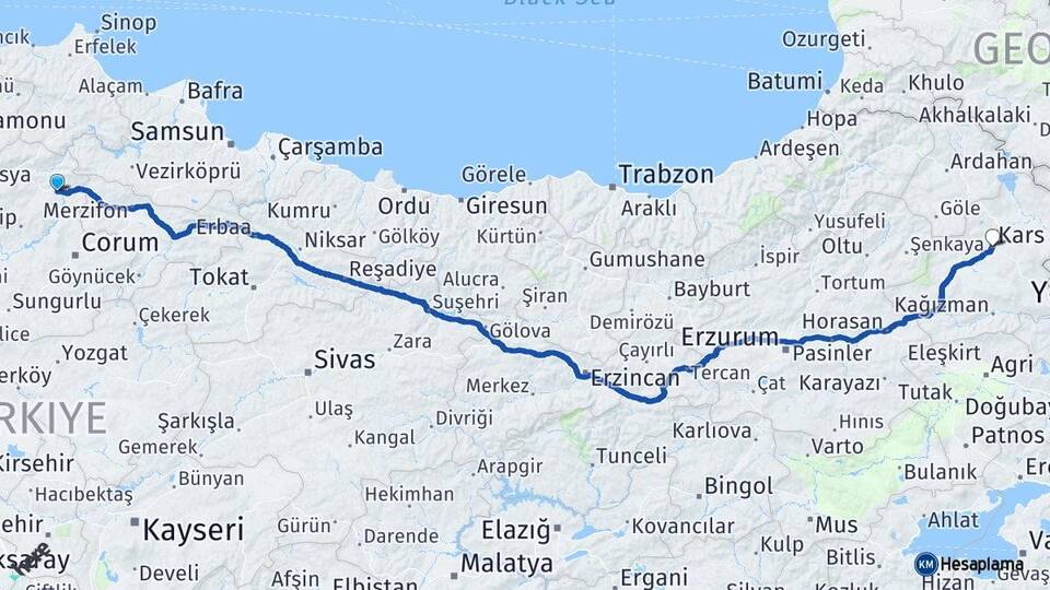 Çorum Osmancık Kars Arası Kaç Km - Yol Haritası