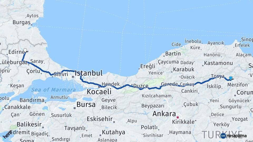 Çorum Osmancık Kırklareli Arası Kaç Km - Yol Haritası