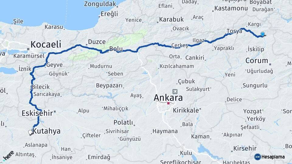 Çorum Osmancık Kütahya Arası Kaç Km - Yol Haritası