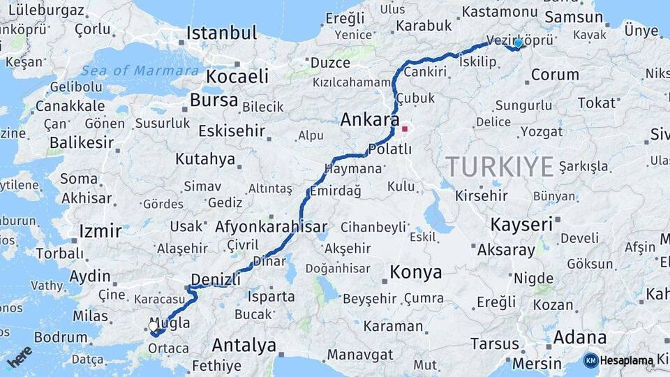 Çorum Osmancık Muğla Arası Kaç Km - Yol Haritası