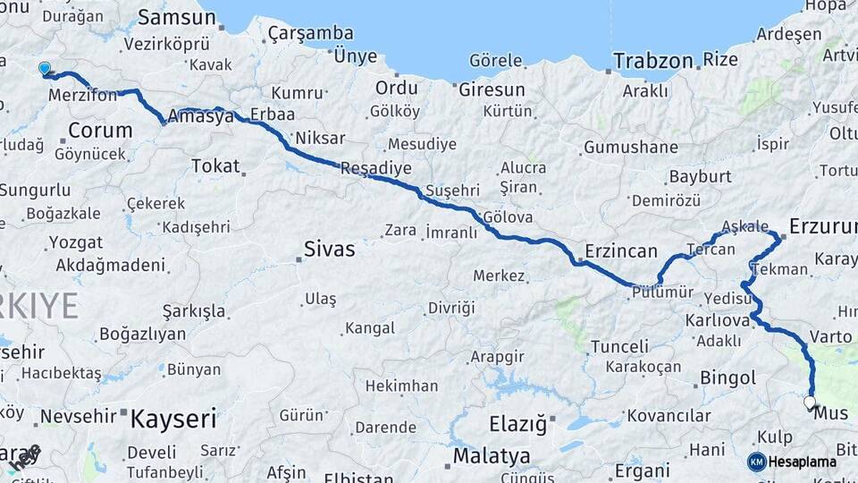 Çorum Osmancık Muş Arası Kaç Km - Yol Haritası