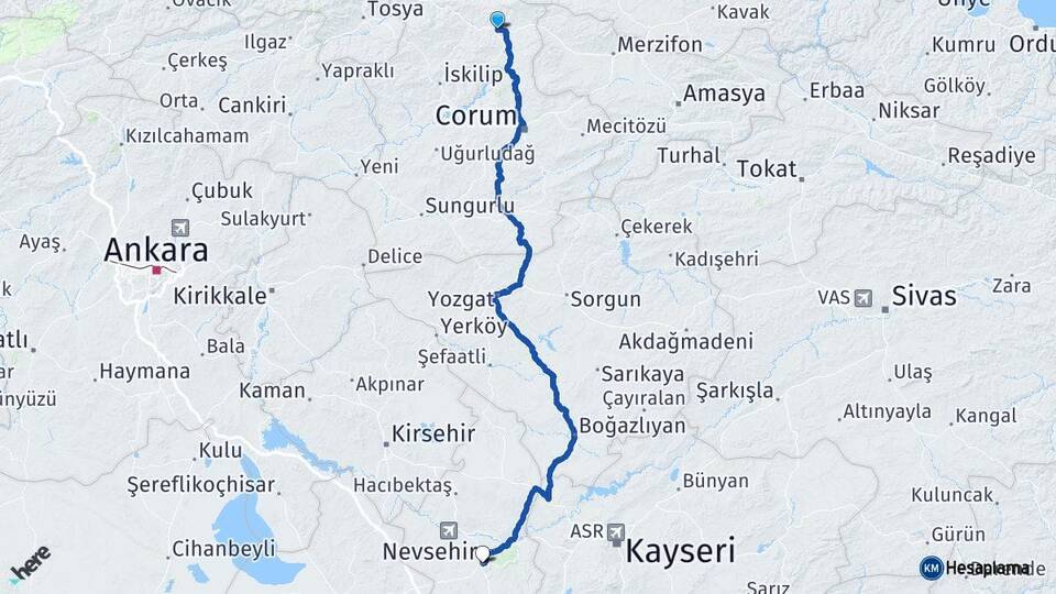 Çorum Osmancık Nevşehir Arası Kaç Km - Yol Haritası