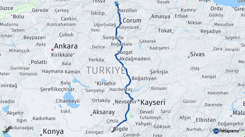 Çorum Osmancık Niğde Arası Kaç Km - Yol Haritası