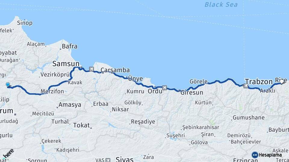 Çorum Osmancık Rize Arası Kaç Km - Yol Haritası