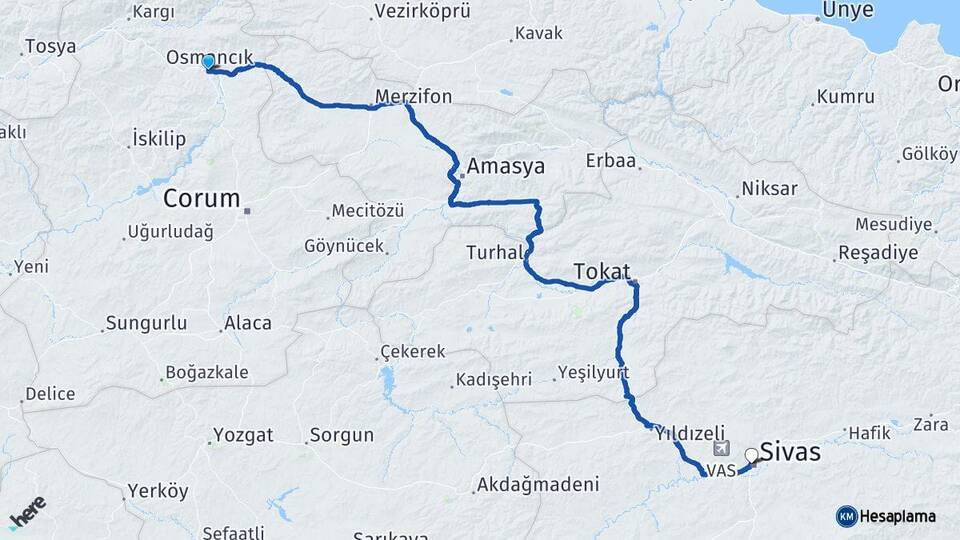 Çorum Osmancık Sivas Arası Kaç Km - Yol Haritası
