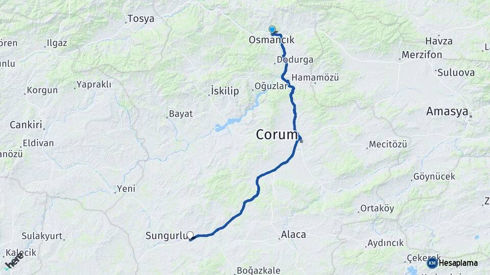 Çorum Osmancık Sungurlu Arası Kaç Km - Yol Haritası