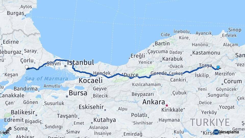 Çorum Osmancık Tekirdağ Arası Kaç Km - Yol Haritası