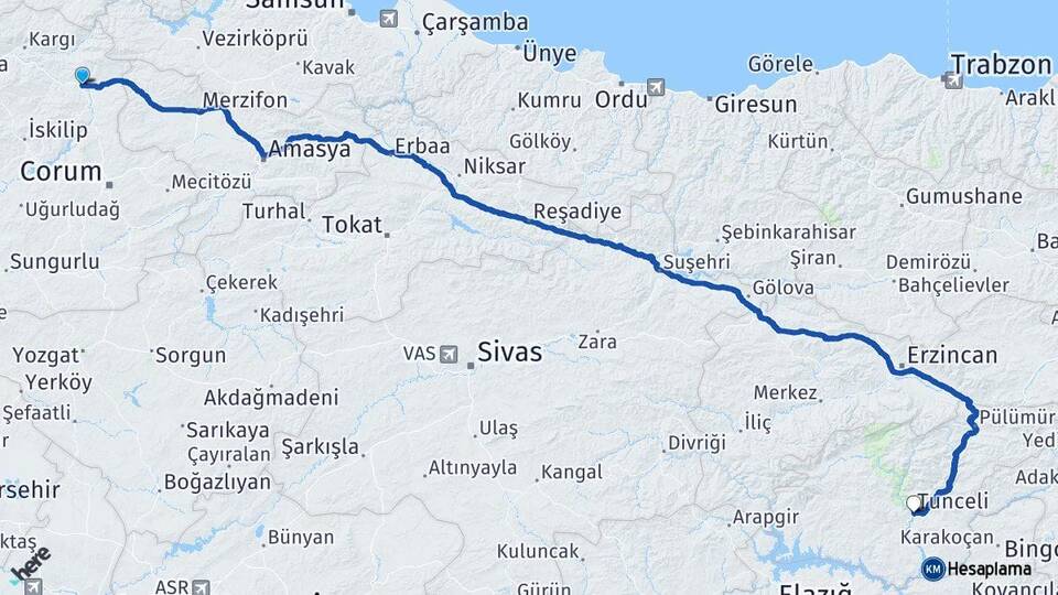 Çorum Osmancık Tunceli Arası Kaç Km - Yol Haritası